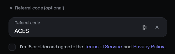 Moon registration screenshot with ACES entered in the optional referral-code field