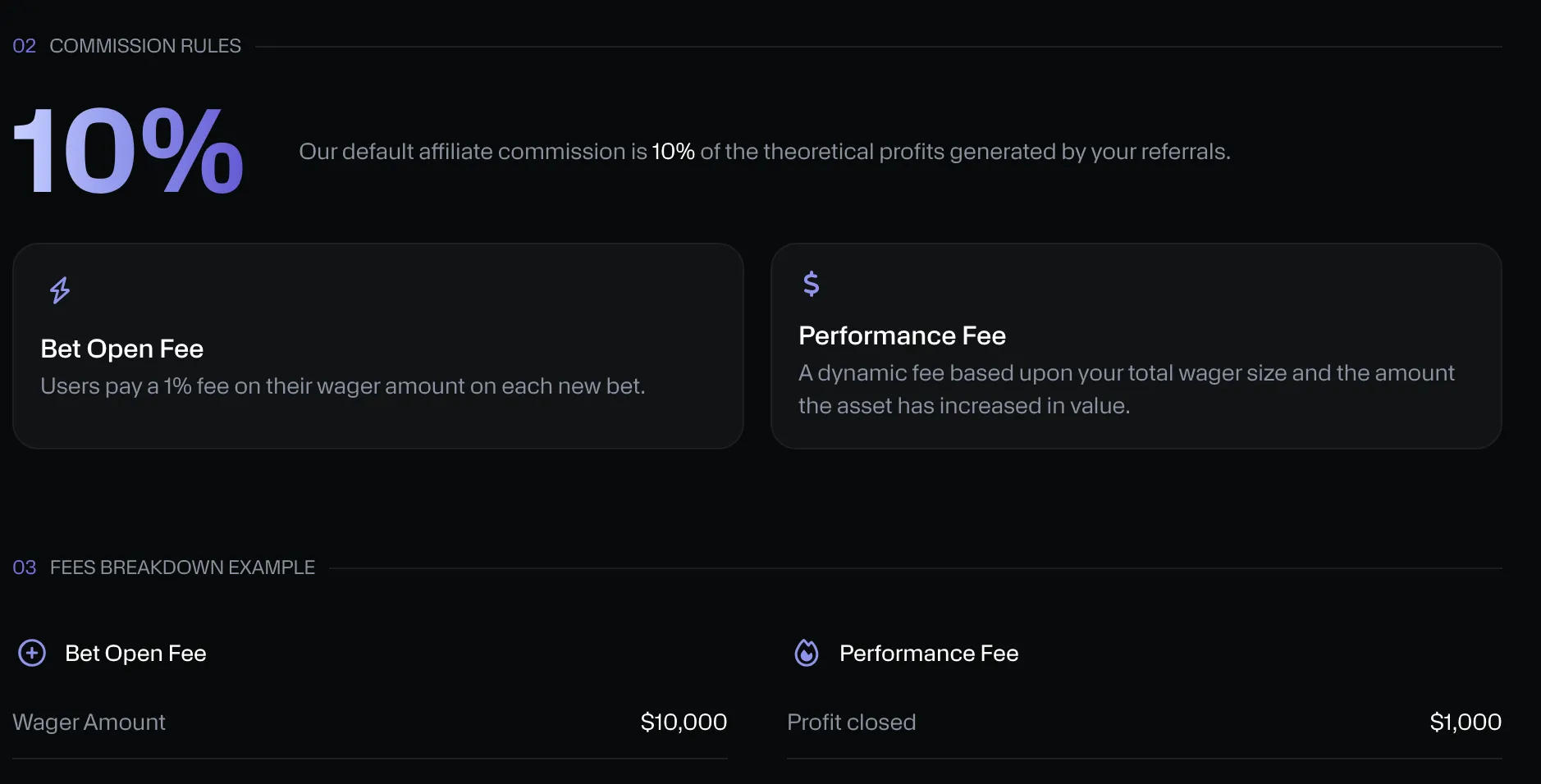 Moon affiliate page: our default affiliate commission is 10% of the theoretical profits generated by your referrals, with the bet open fee and performance fee cards