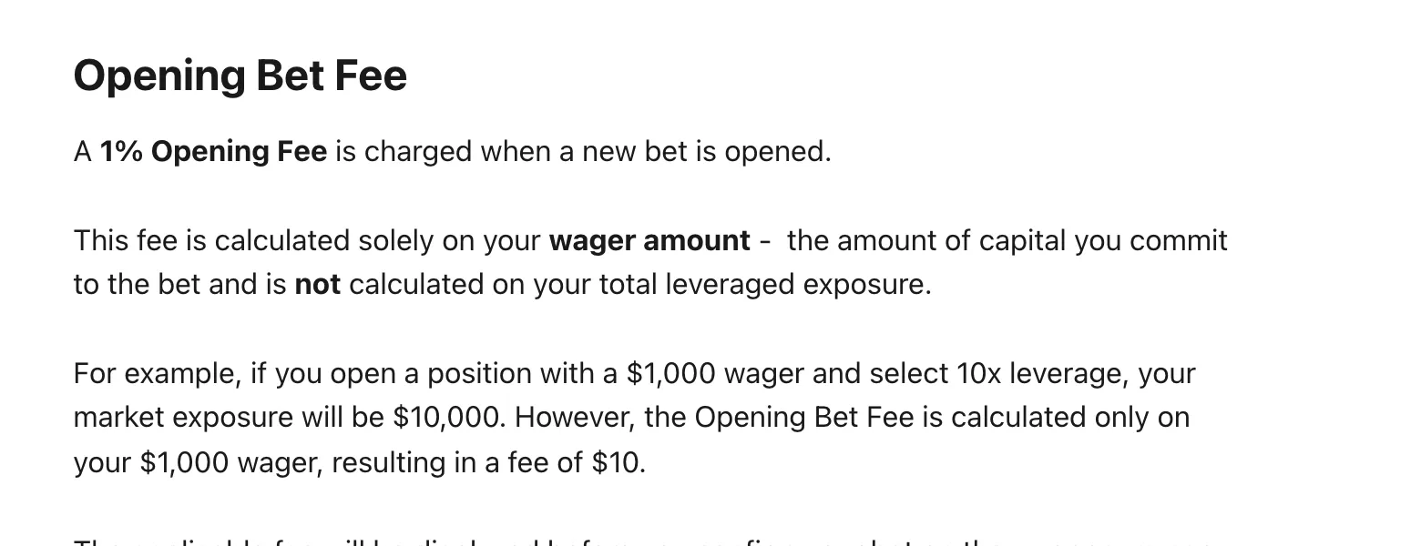 Moon help centre article on fees: a 1% opening fee is charged when a new bet is opened, calculated on the wager amount, with the $1,000 at 10x example